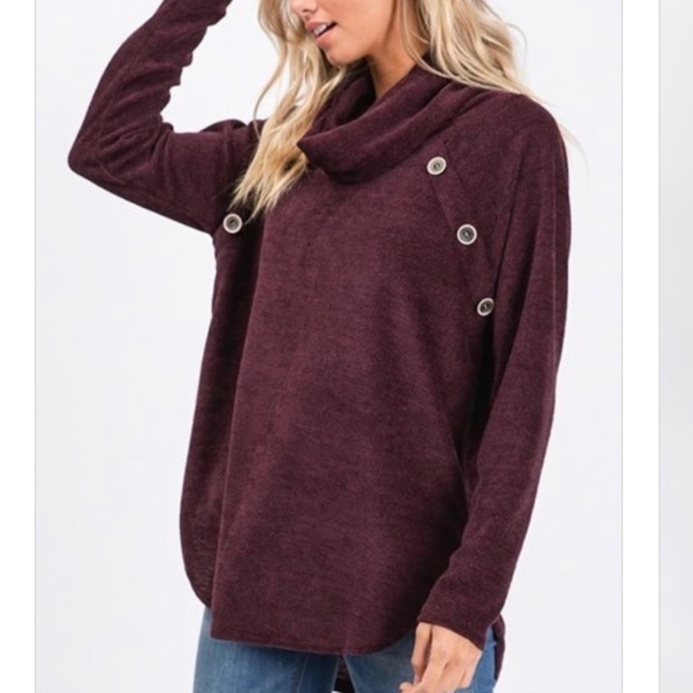 Callie- burgundy cowl sweater top with buttons - Picture 5 of 8